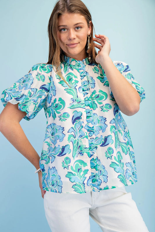 Sandra Diane Ruffle Blouse Emerald Mix