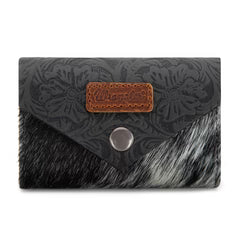 Wrangler Genuine Hair-On Cowhide Floral Tooled Card Holder - Black