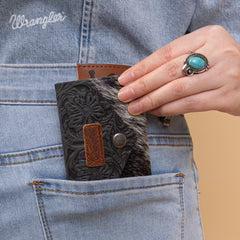 Wrangler Genuine Hair-On Cowhide Floral Tooled Card Holder - Black