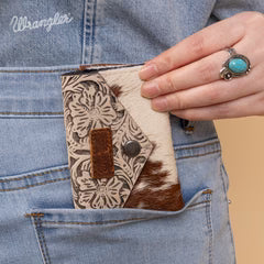 Wrangler Genuine Hair-On Cowhide Floral Tooled Card Holder - Tan