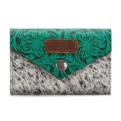Wrangler Genuine Hair-On Cowhide Floral Tooled Card Holder - Turquoise