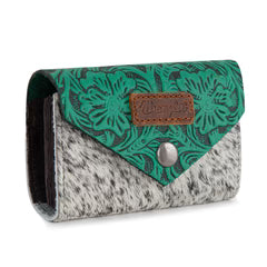 Wrangler Genuine Hair-On Cowhide Floral Tooled Card Holder - Turquoise