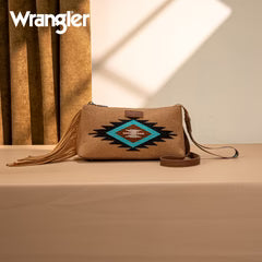 Wrangler Embroidered Aztec Canvas Wristlet/Crossbody- Brown