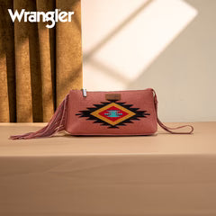 Wrangler Embroidered Aztec Canvas Wristlet/Crossbody- Dark Pink