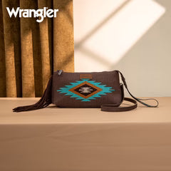 Wrangler Embroidered Aztec Canvas Wristlet/Crossbody- Coffee