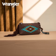Wrangler Embroidered Aztec Canvas Wristlet/Crossbody- Coffee