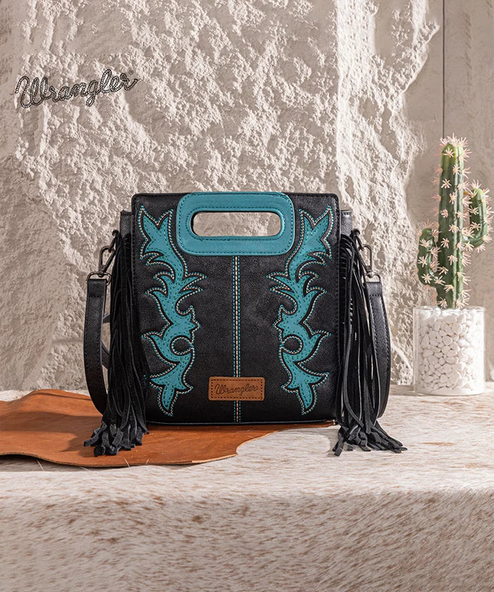 Wrangler Boot Scroll Fringe Tote/Crossbody BLACK