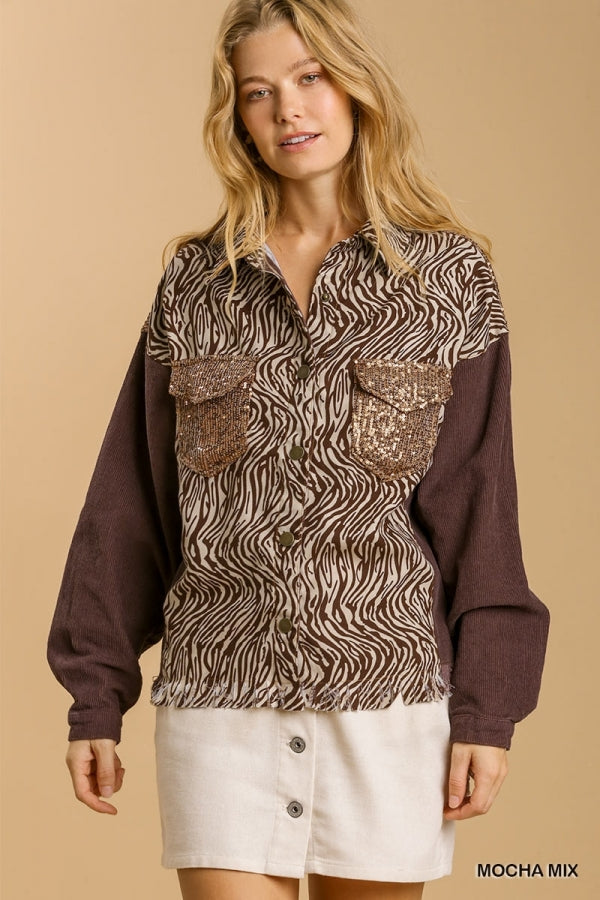 Animal Print & Sequin Jacket with Fringe- Mocha
