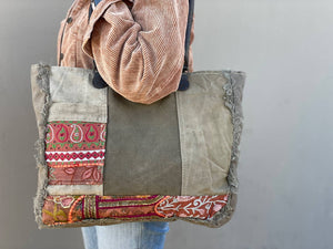 Recycled Tent Tote with Vintage Textiles (Snap Top)