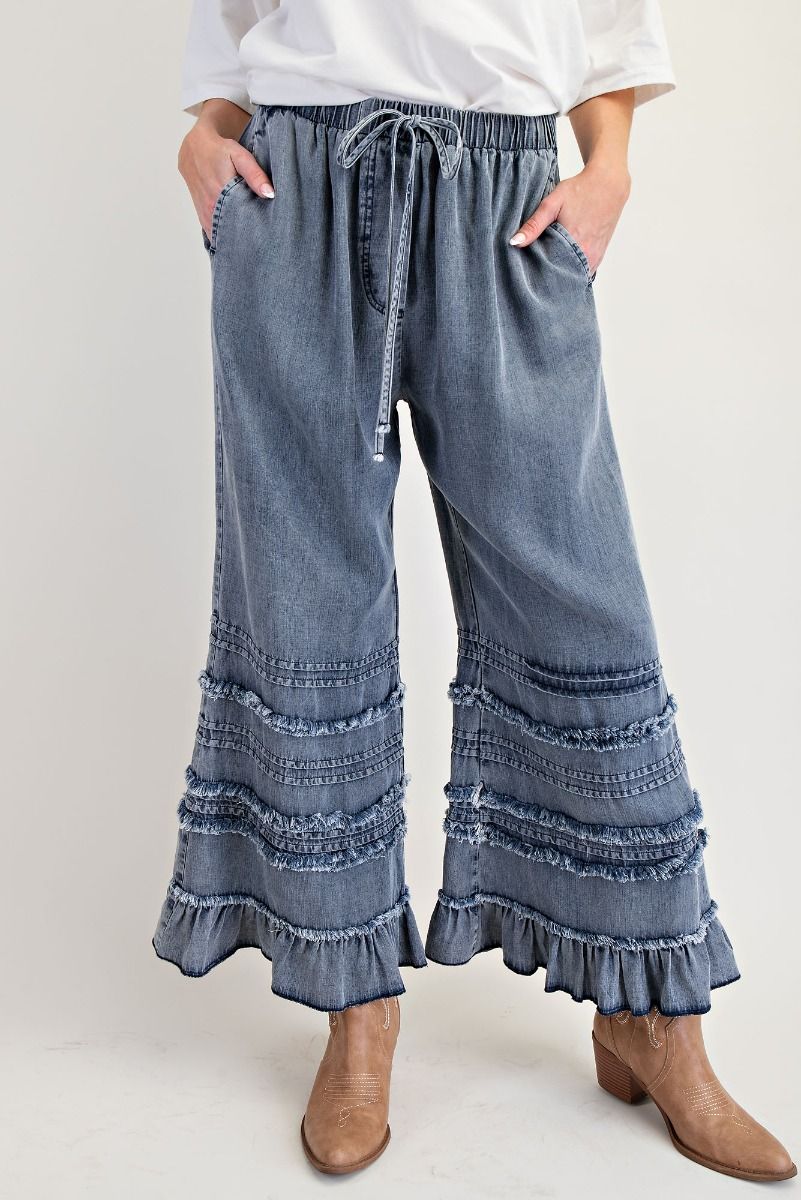 Dark Washed Denim Fray Chambray Pants