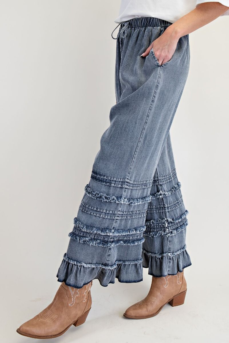 Dark Washed Denim Fray Chambray Pants