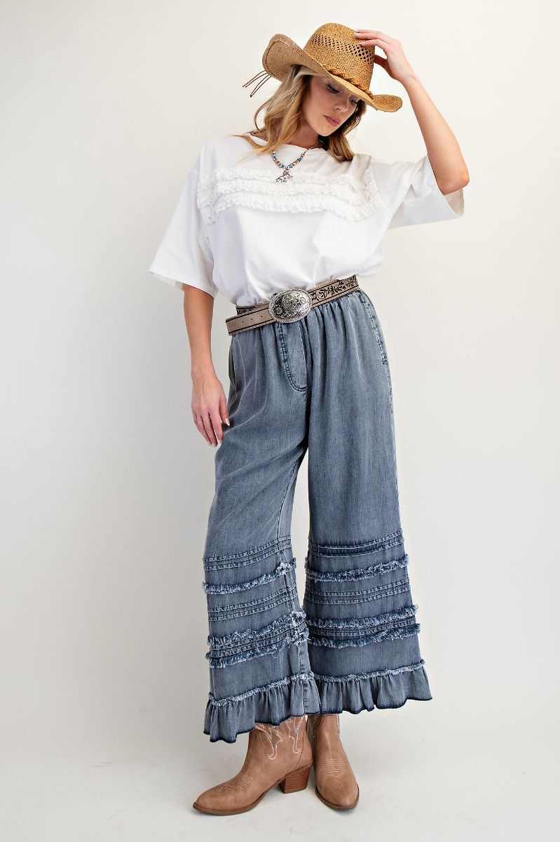 Dark Washed Denim Fray Chambray Pants