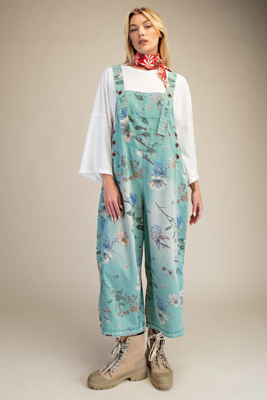 Flower Washed Overalls Mint Blue