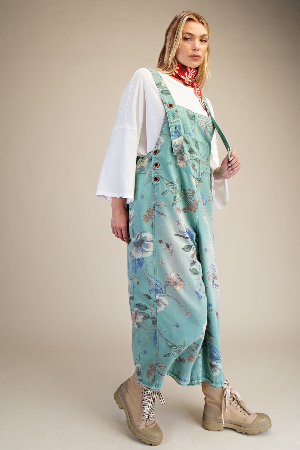 Flower Washed Overalls Mint Blue
