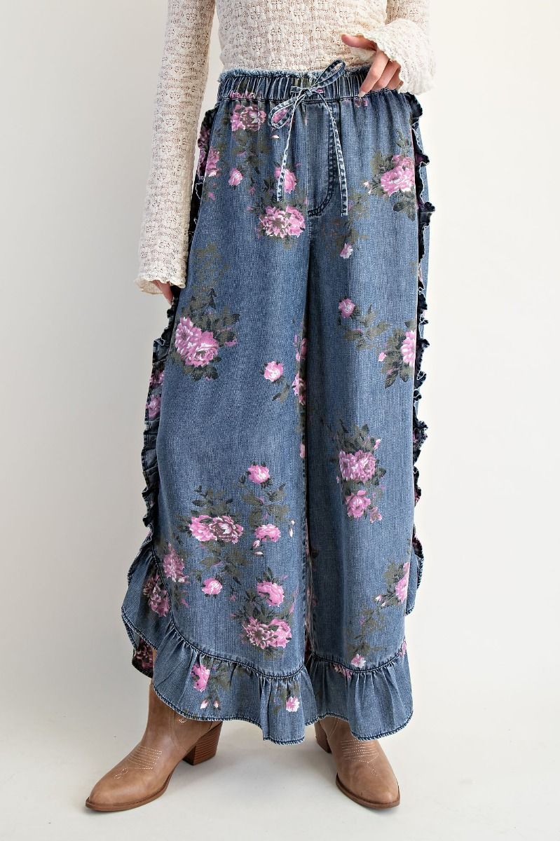 Blossom Washed Denim Ruffle Pants