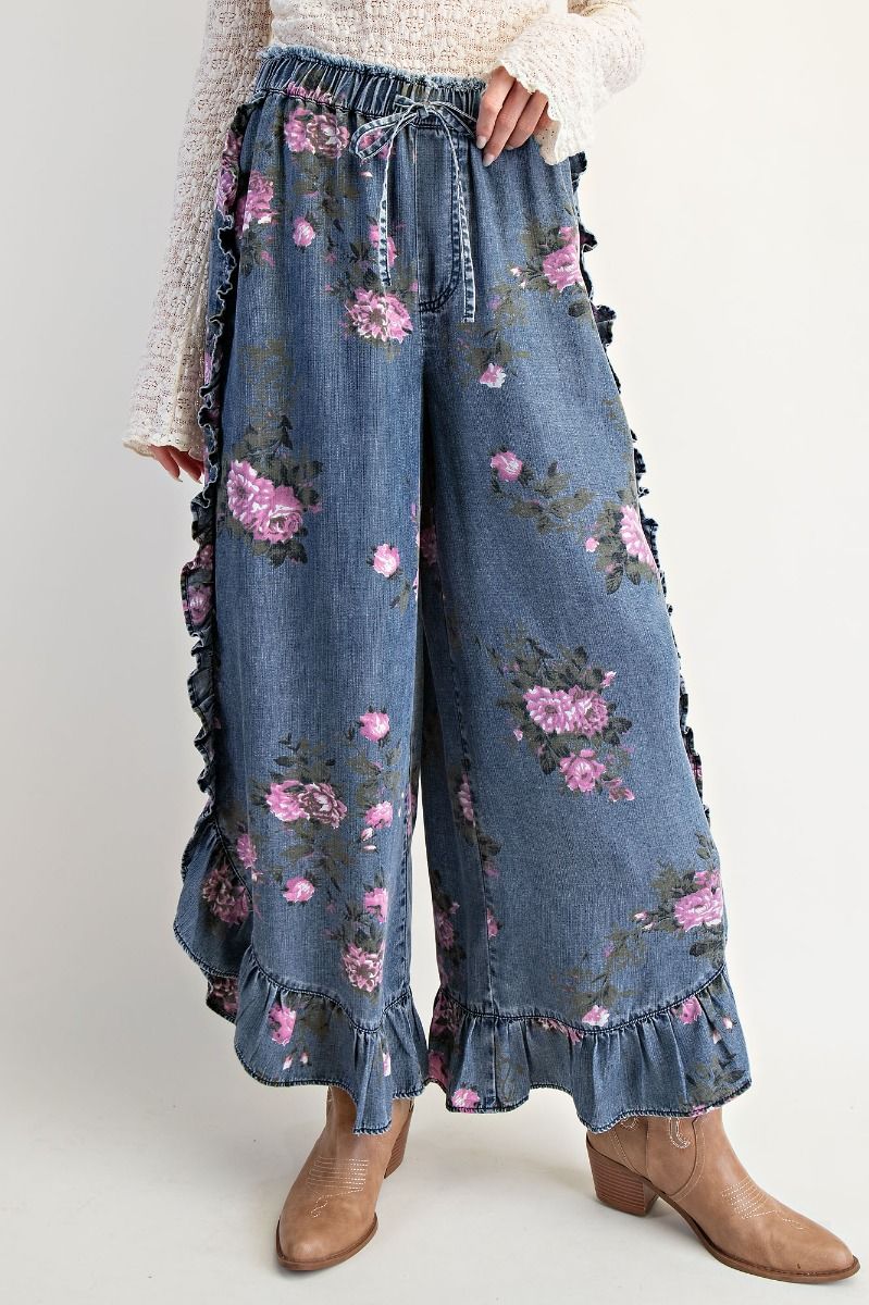Blossom Washed Denim Ruffle Pants