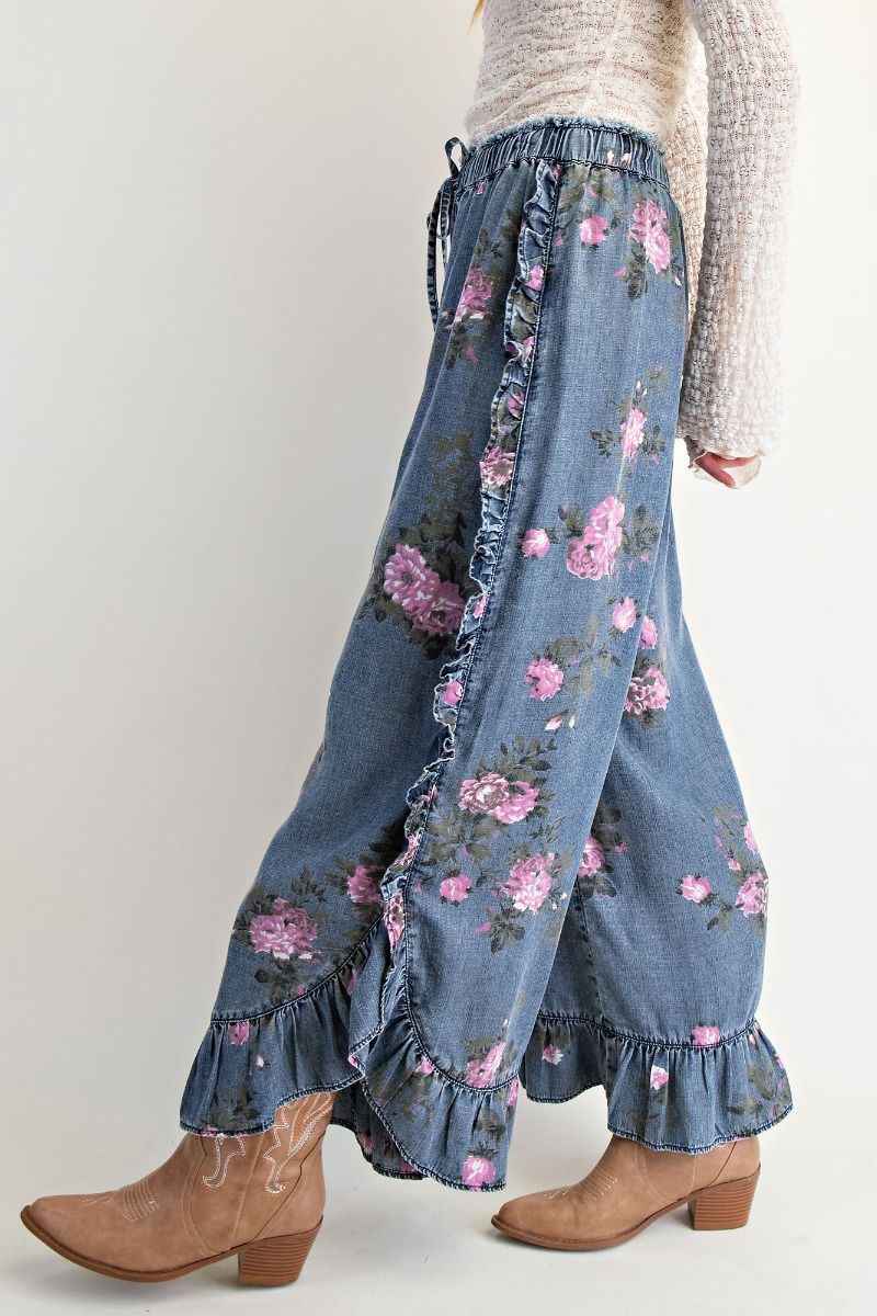 Blossom Washed Denim Ruffle Pants