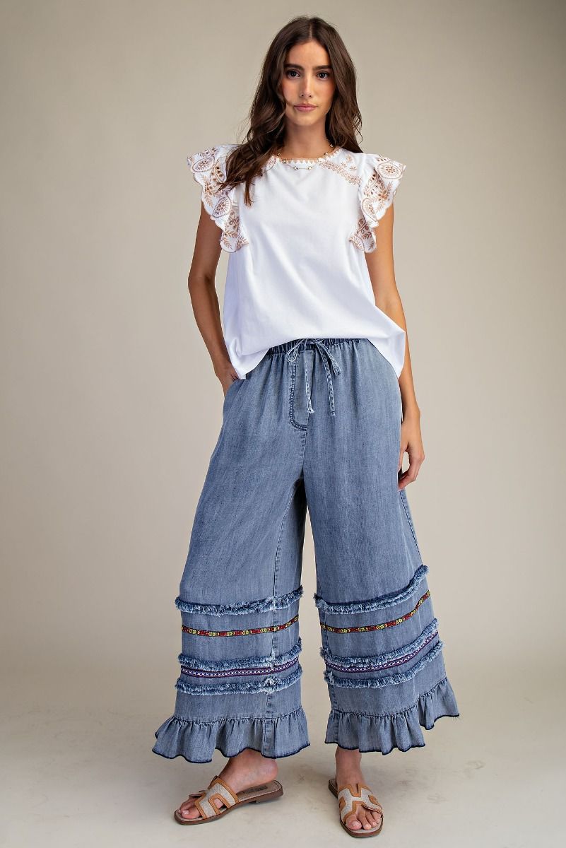 Ruffle Bottom Chambray Pants Washed Denim