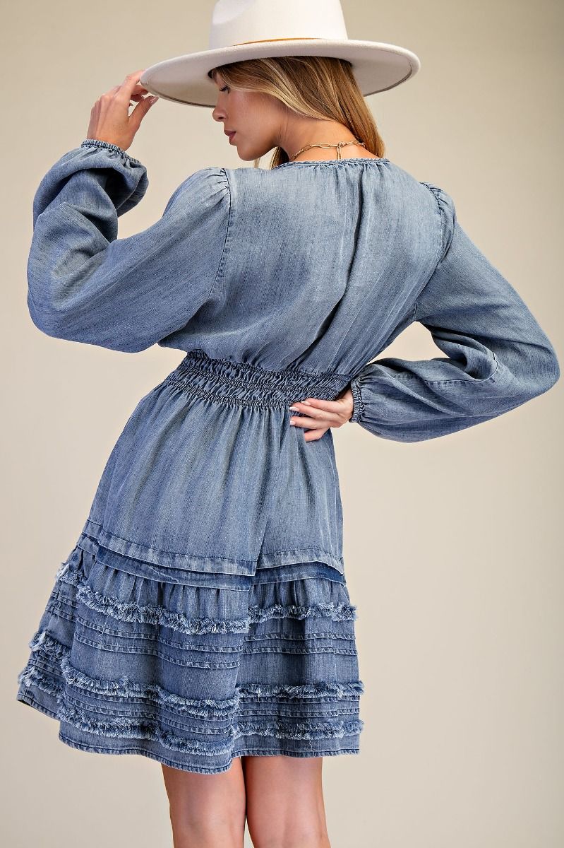 Denim Washed Frayed Chambray Dress