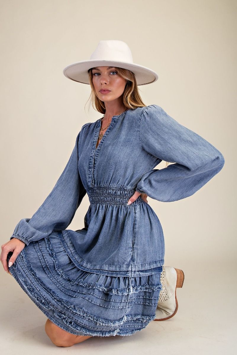 Denim Washed Frayed Chambray Dress