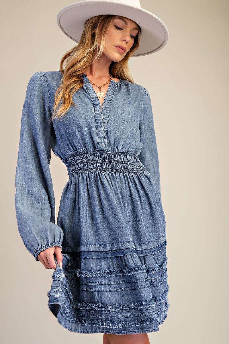 Denim Washed Frayed Chambray Dress