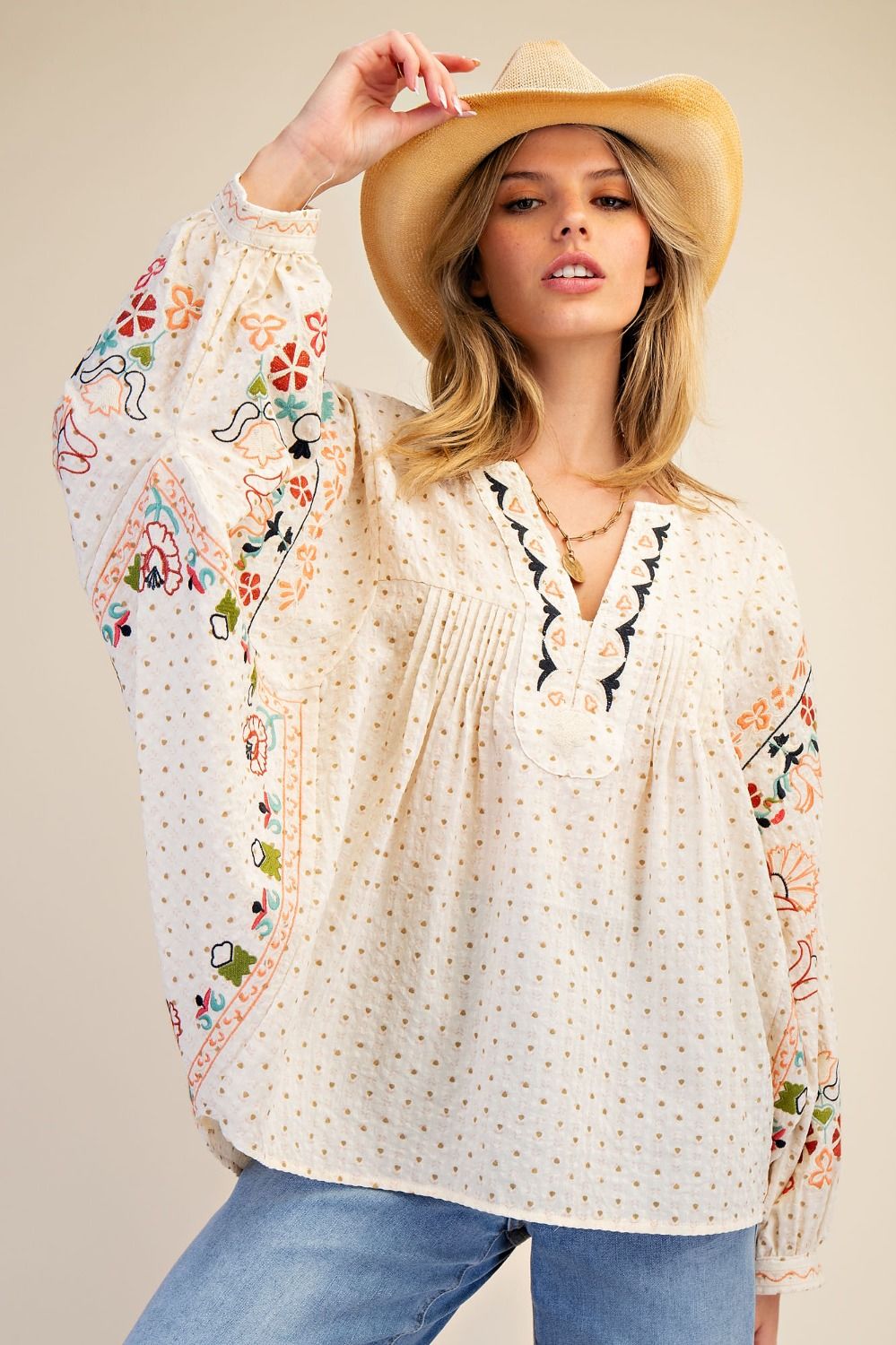 Pamela Gail Embroidered Blouse Oatmeal