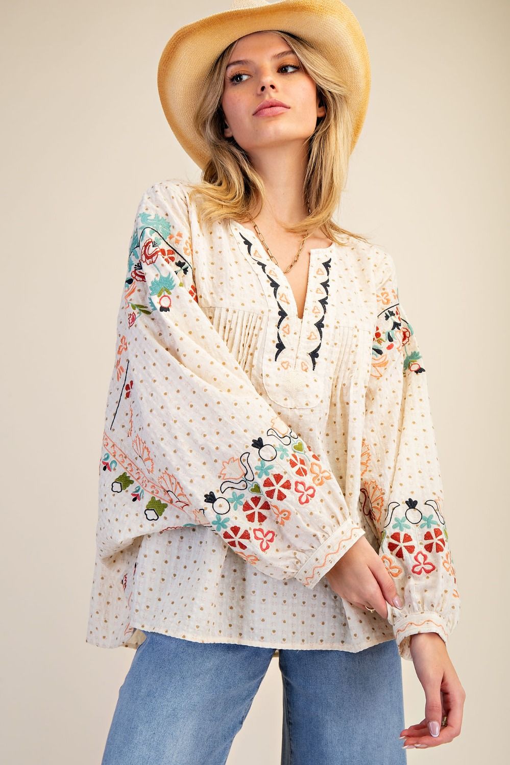Pamela Gail Embroidered Blouse Oatmeal