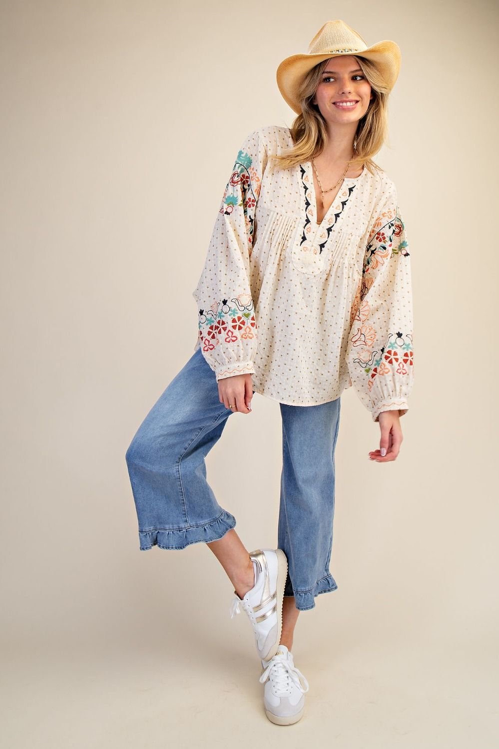 Pamela Gail Embroidered Blouse Oatmeal