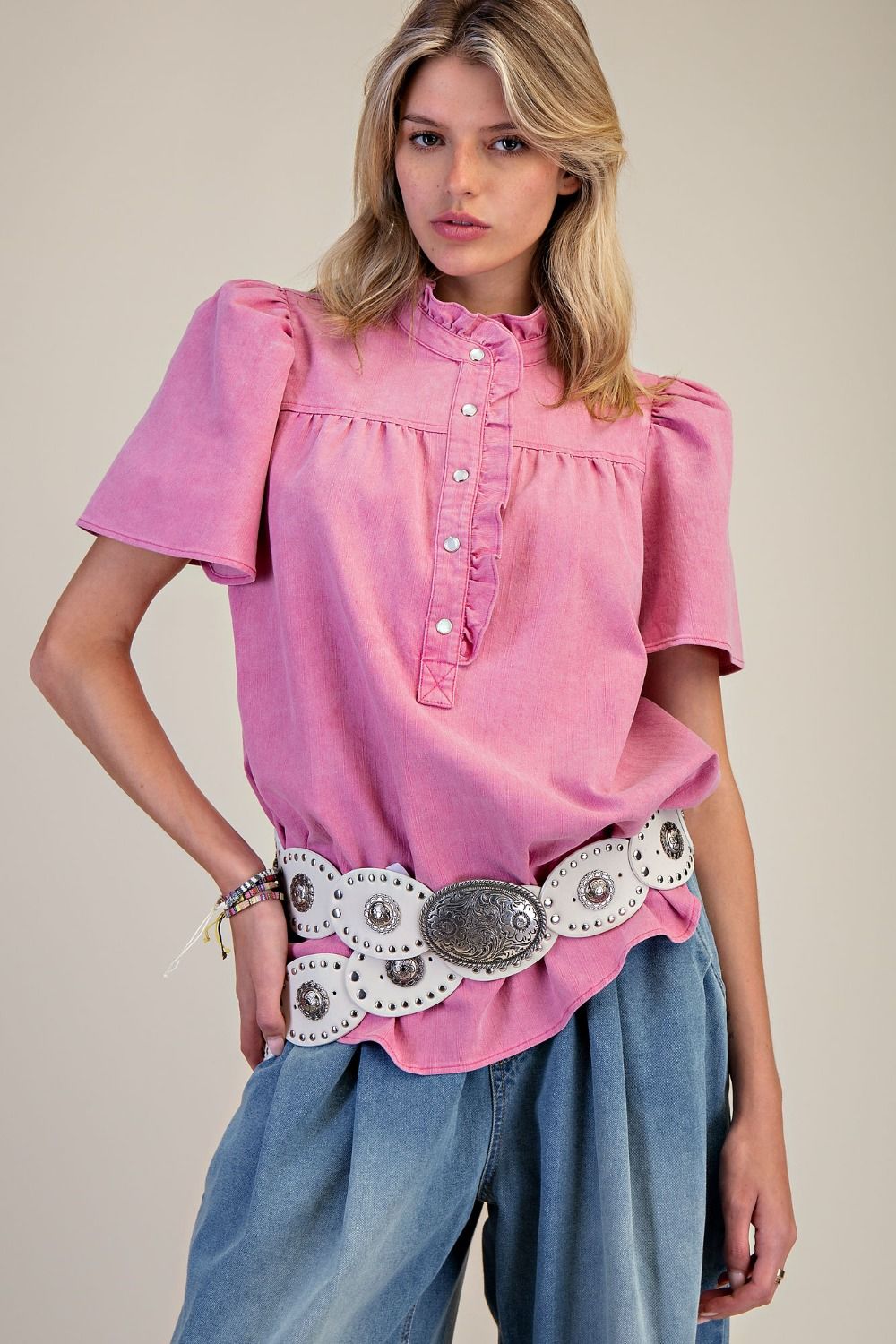 Chambray Raspberry Button Down Shirt