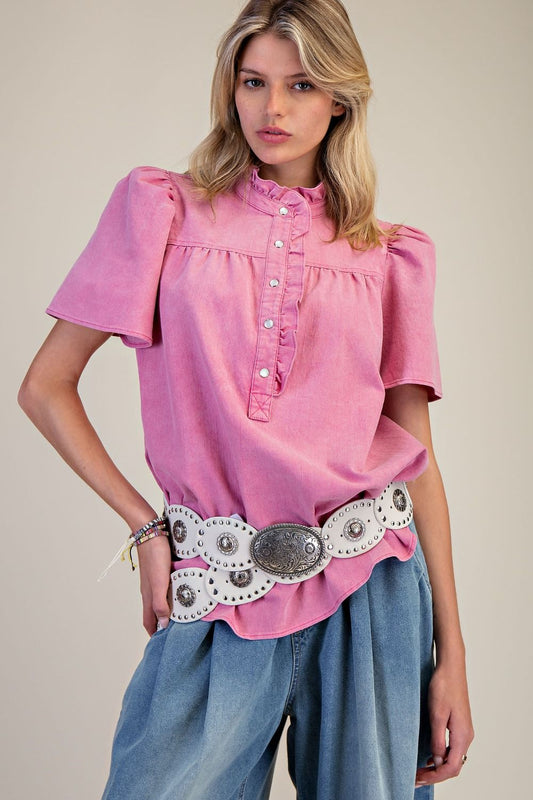 Chambray Raspberry Button Down Shirt