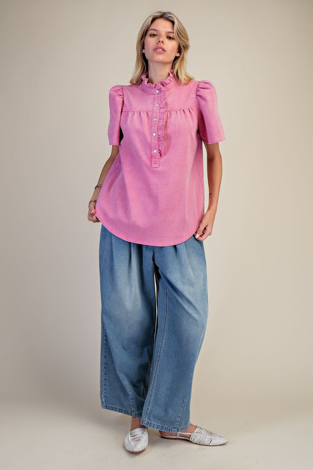 Chambray Raspberry Button Down Shirt