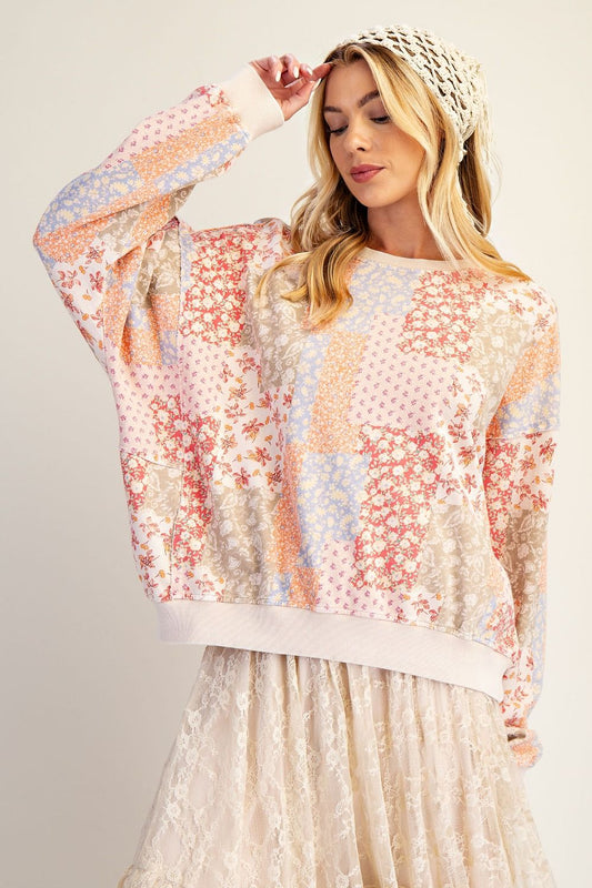 Floral Washed Patchwork Print Pullover Blush
