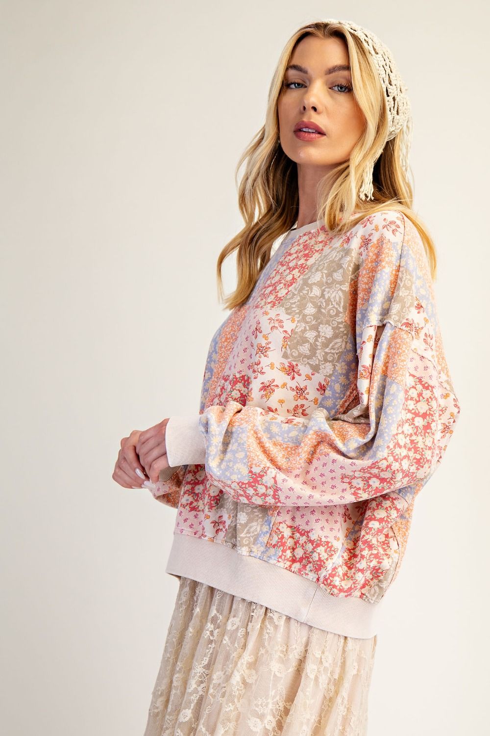 Floral Washed Patchwork Print Pullover Blush