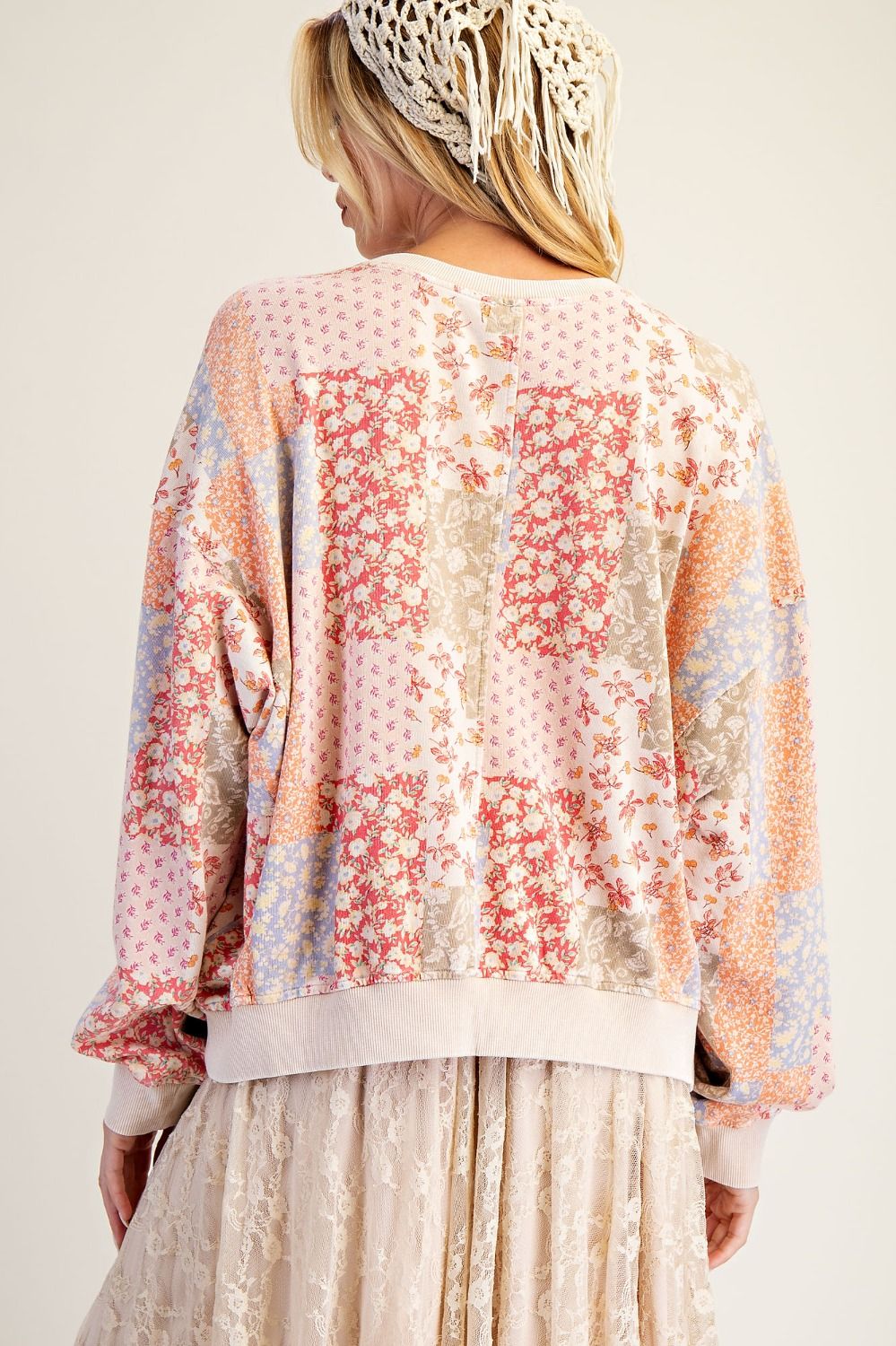 Floral Washed Patchwork Print Pullover Blush