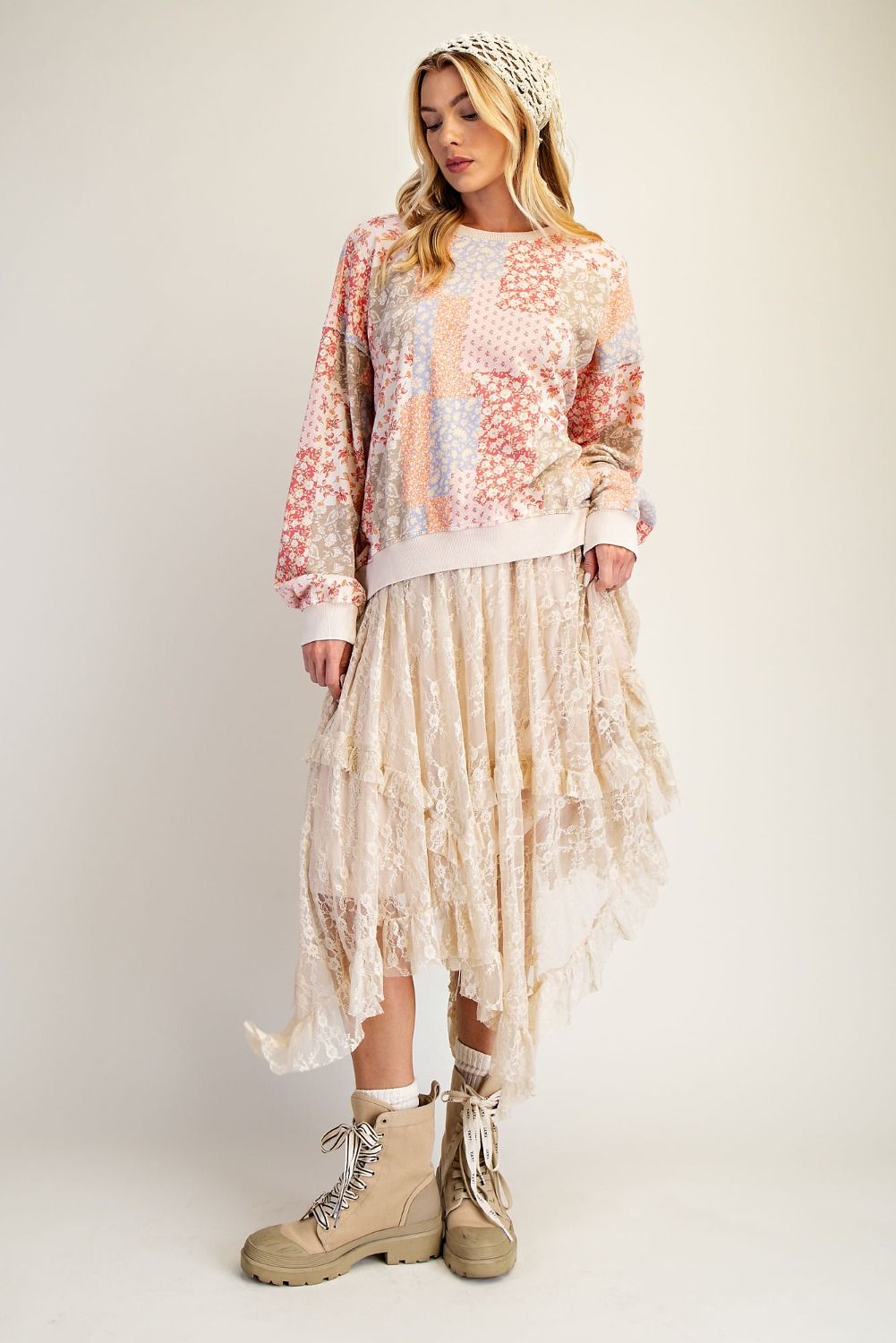 Floral Washed Patchwork Print Pullover Blush