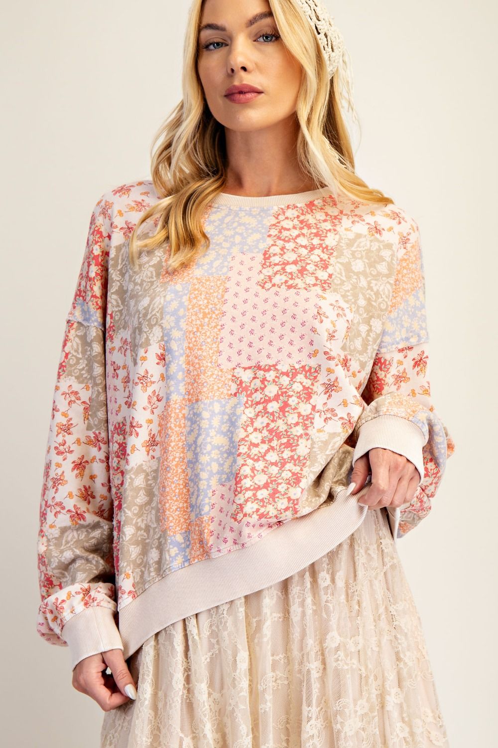 Floral Washed Patchwork Print Pullover Blush
