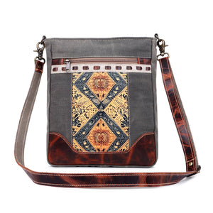 Canvas & Leather Women's Shoulder Bag - Green Geometric