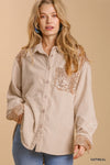 Button Down Top with Sequin Details-Oatmeal
