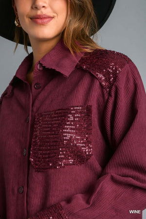 Button Down Top with Sequin Details-Wine