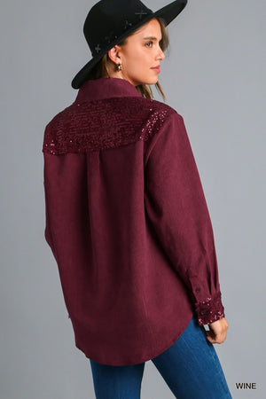 Button Down Top with Sequin Details-Wine
