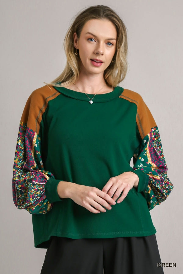 Contrast Knit Top with Printed Sleeves-Green