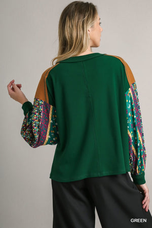 Contrast Knit Top with Printed Sleeves-Green