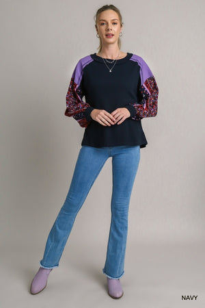 Contrast Knit Top with Printed Sleeves-Navy
