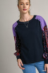 Contrast Knit Top with Printed Sleeves-Navy
