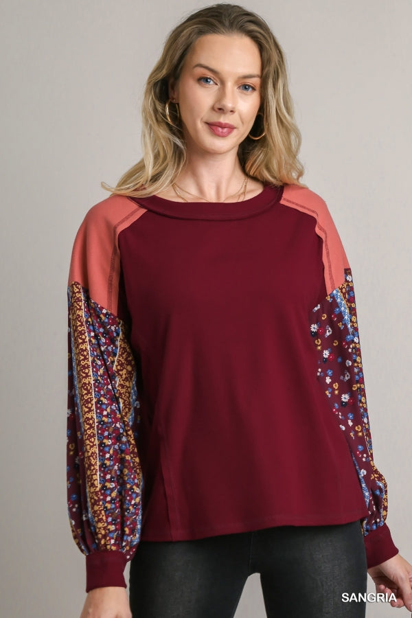 Contrast Knit Top with Printed Sleeves-Sangria