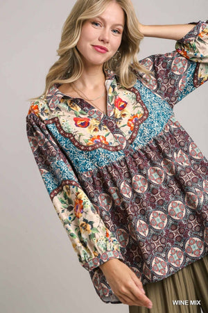Mixed Print Baby Doll Top-Wine