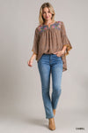 Embroidery Detail Top with Bell Sleeves-Camel