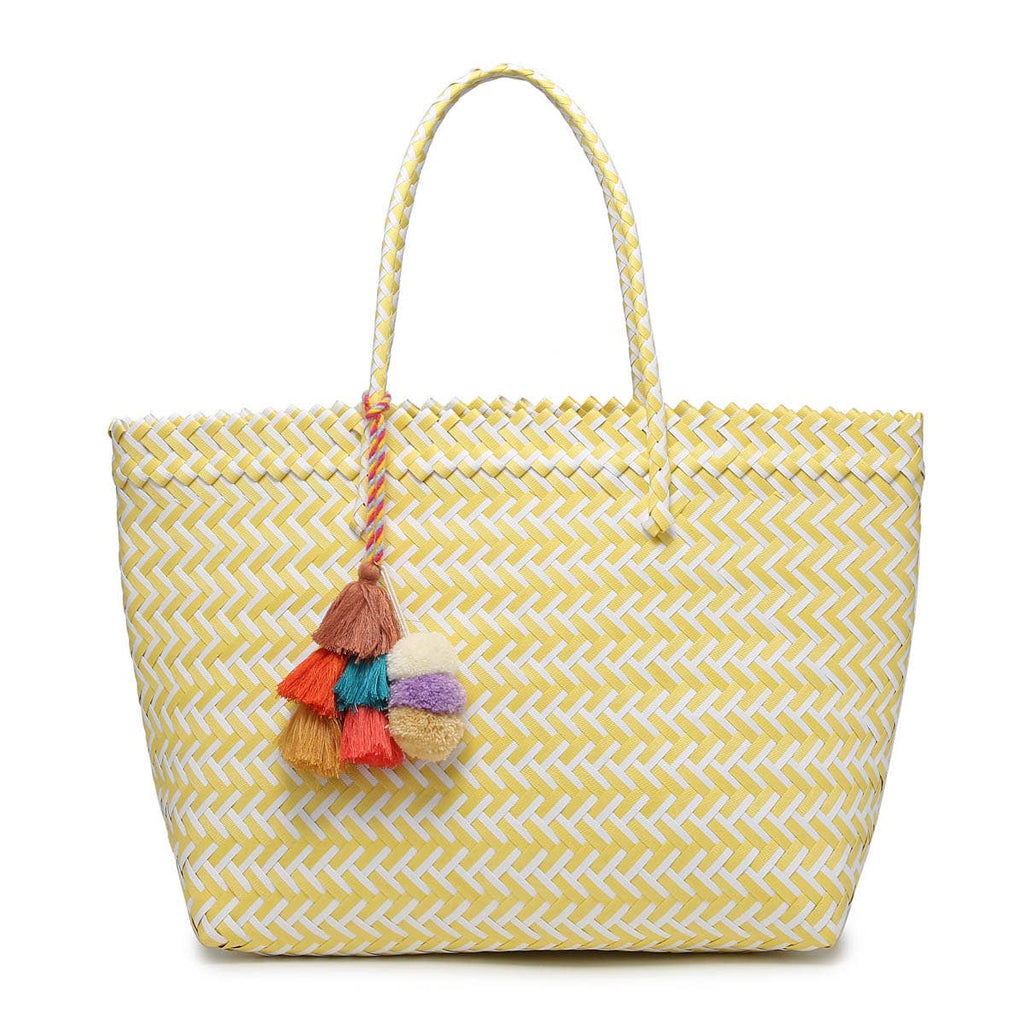 Shelby Large Handwoven Tote w/ Pom-Poms Yellow