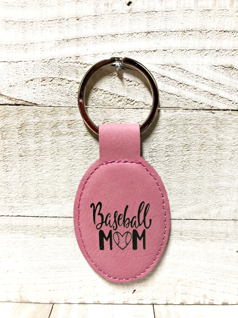 Engraved Oval Key Chain- Baseball Mom Pink