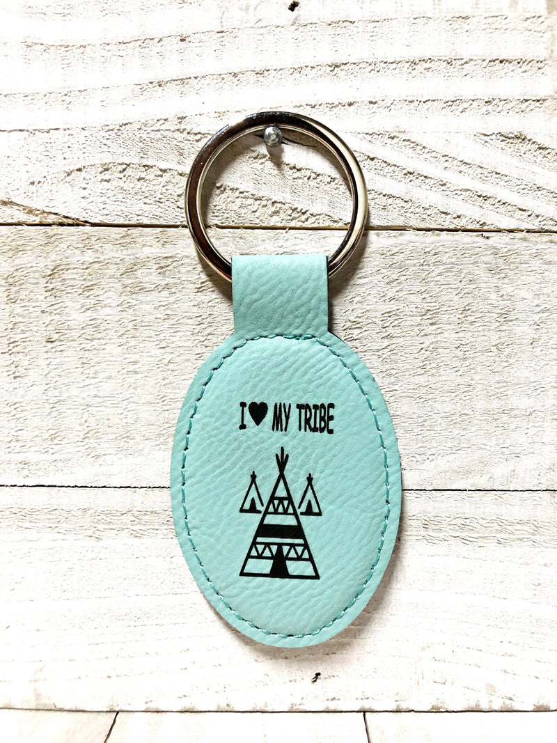 Engraved Oval Key Chain- My Tribe Teal Blue